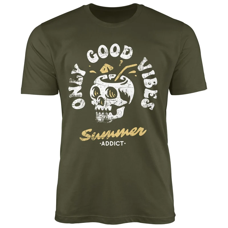 Herren T-Shirt Totenkopf Schrift Only Good Vibes Skull Summer Sommer Retro Vintage Printshirt Fashion Streetstyle