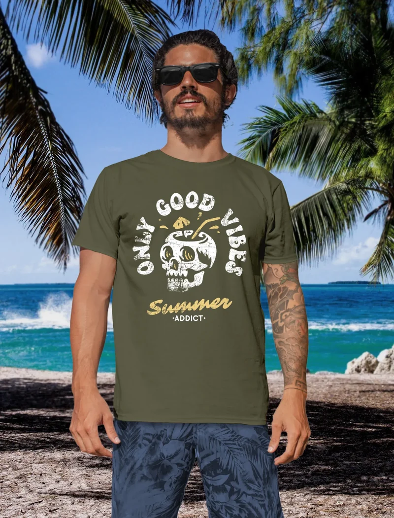 Herren T-Shirt Totenkopf Schrift Only Good Vibes Skull Summer Sommer Retro Vintage Printshirt Fashion Streetstyle