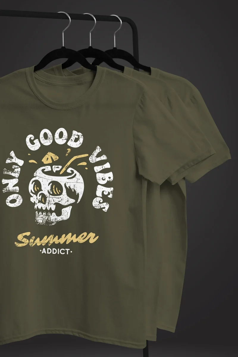 Herren T-Shirt Totenkopf Schrift Only Good Vibes Skull Summer Sommer Retro Vintage Printshirt Fashion Streetstyle