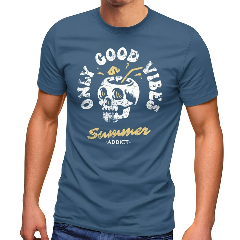 Herren T-Shirt Totenkopf Schrift Only Good Vibes Skull Summer Sommer Retro Vintage Printshirt Fashion Streetstyle