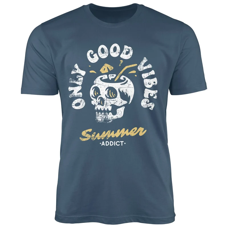 Herren T-Shirt Totenkopf Schrift Only Good Vibes Skull Summer Sommer Retro Vintage Printshirt Fashion Streetstyle