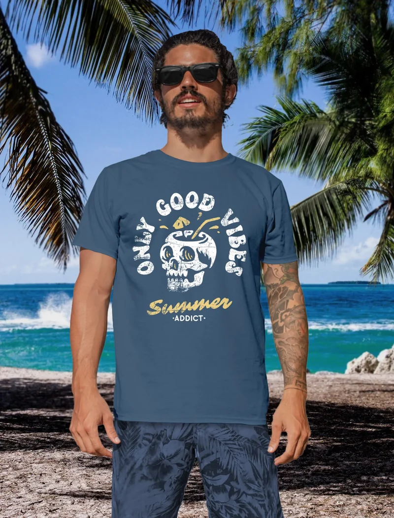 Herren T-Shirt Totenkopf Schrift Only Good Vibes Skull Summer Sommer Retro Vintage Printshirt Fashion Streetstyle