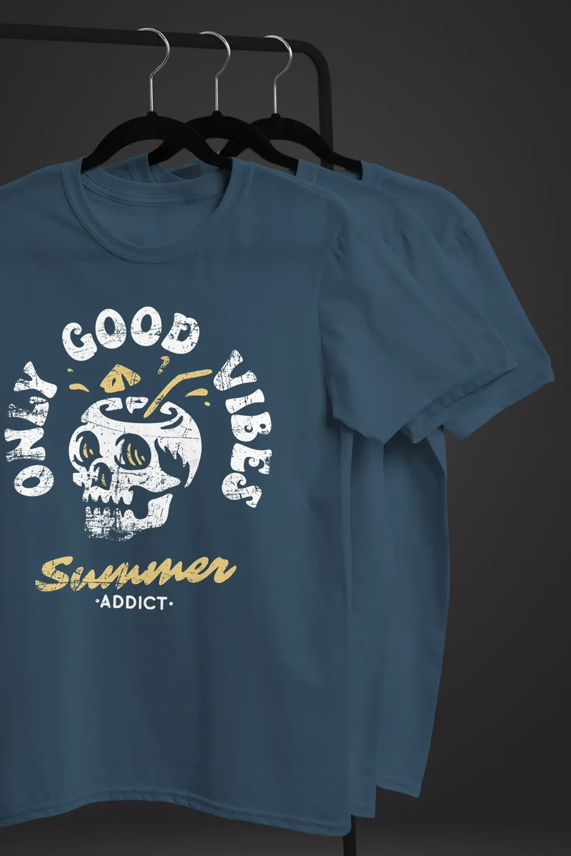 Herren T-Shirt Totenkopf Schrift Only Good Vibes Skull Summer Sommer Retro Vintage Printshirt Fashion Streetstyle