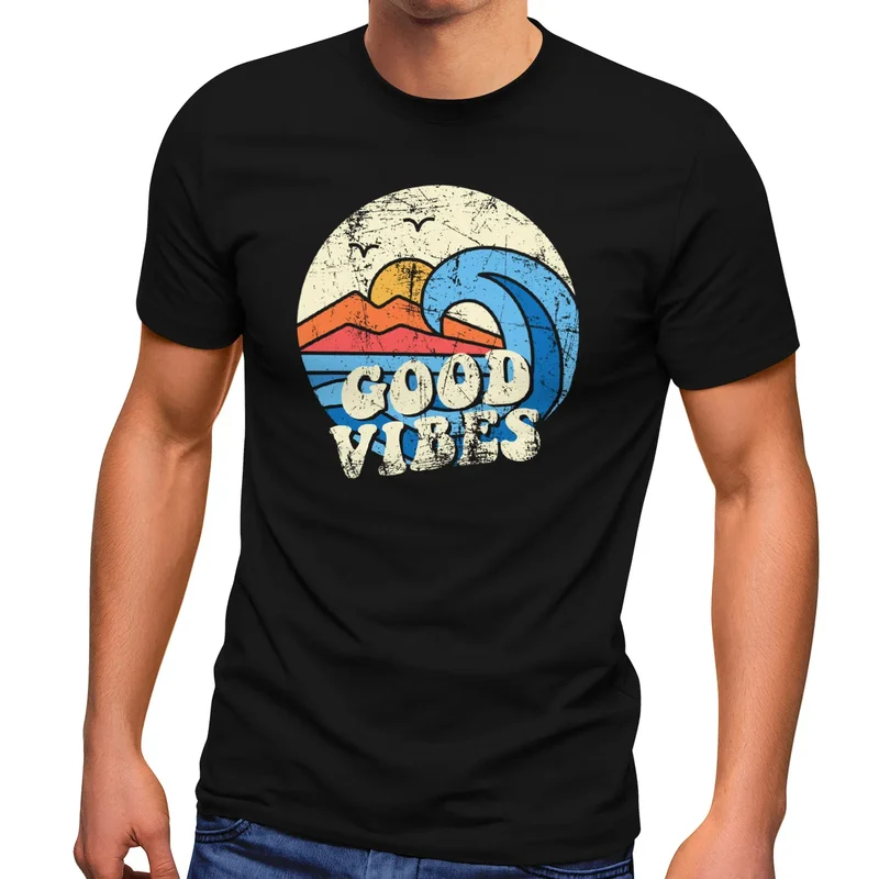 Herren T-Shirt Good Vibes Welle Hippie Slogan Statement Surf Design Vintage Retro Fashion Streetstyle