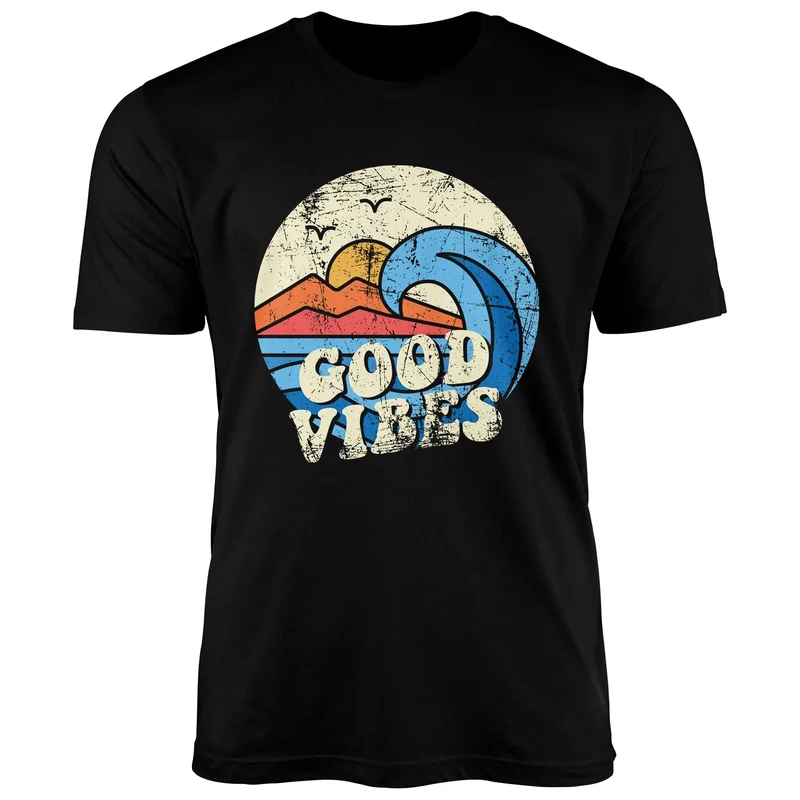 Herren T-Shirt Good Vibes Welle Hippie Slogan Statement Surf Design Vintage Retro Fashion Streetstyle