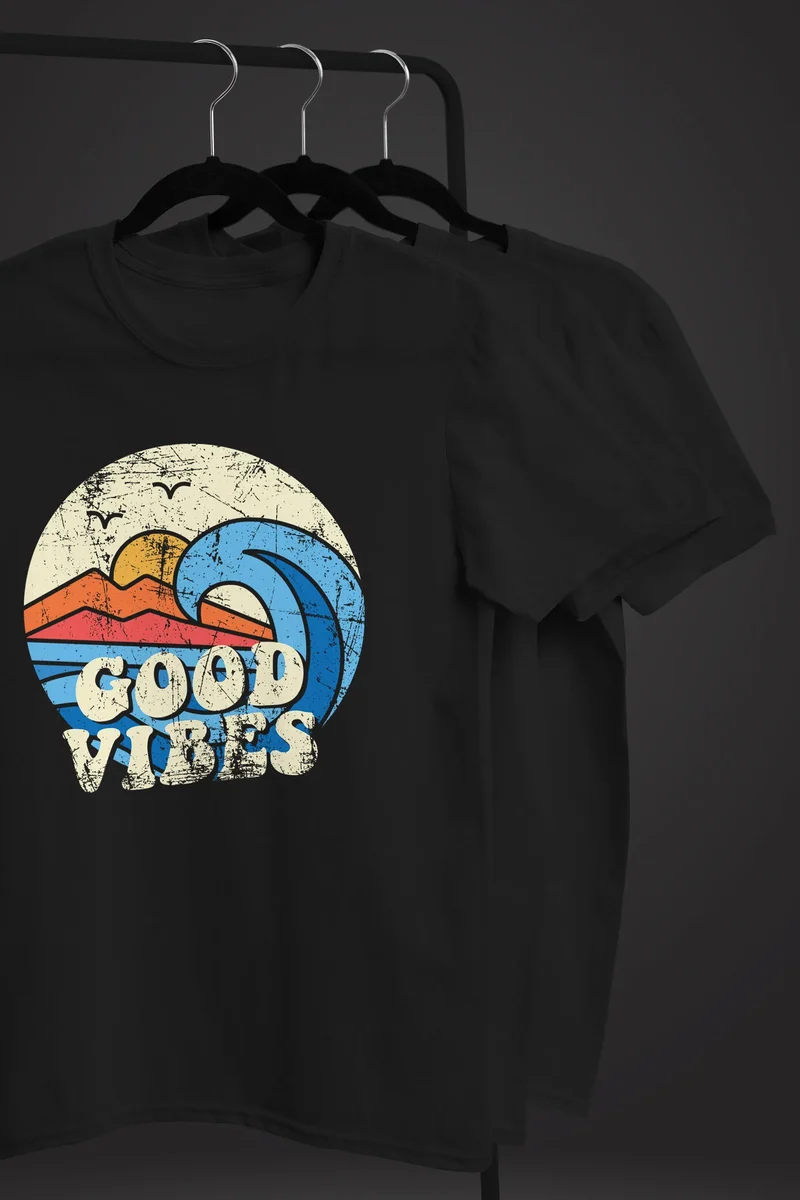 Herren T-Shirt Good Vibes Welle Hippie Slogan Statement Surf Design Vintage Retro Fashion Streetstyle