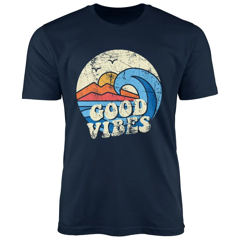 Herren T-Shirt Good Vibes Welle Hippie Slogan Statement Surf Design Vintage Retro Fashion Streetstyle