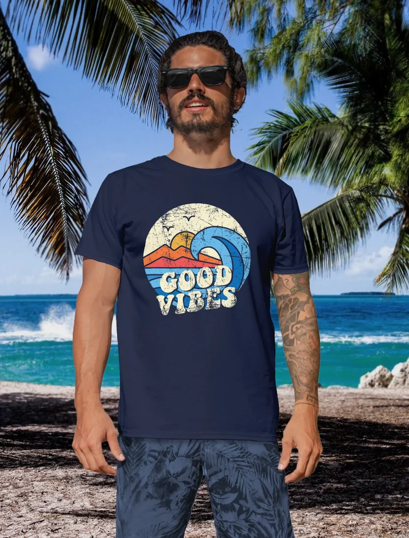 Herren T-Shirt Good Vibes Welle Hippie Slogan Statement Surf Design Vintage Retro Fashion Streetstyle