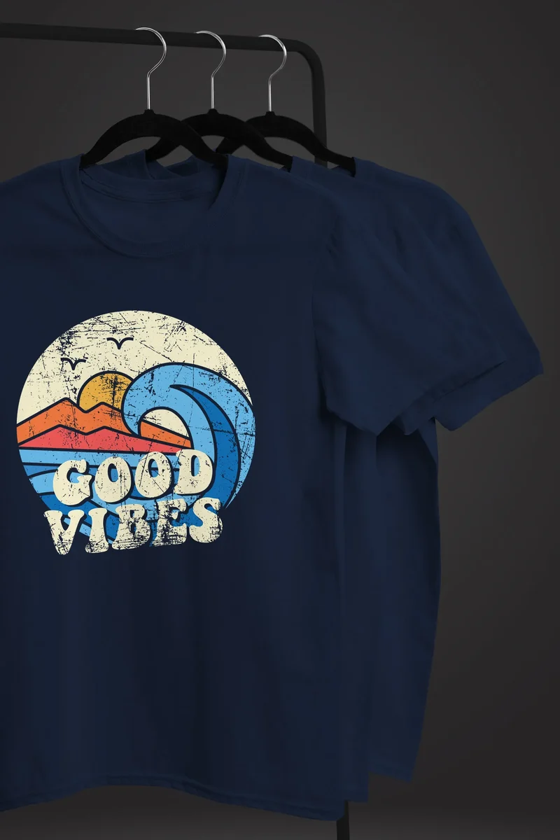 Herren T-Shirt Good Vibes Welle Hippie Slogan Statement Surf Design Vintage Retro Fashion Streetstyle