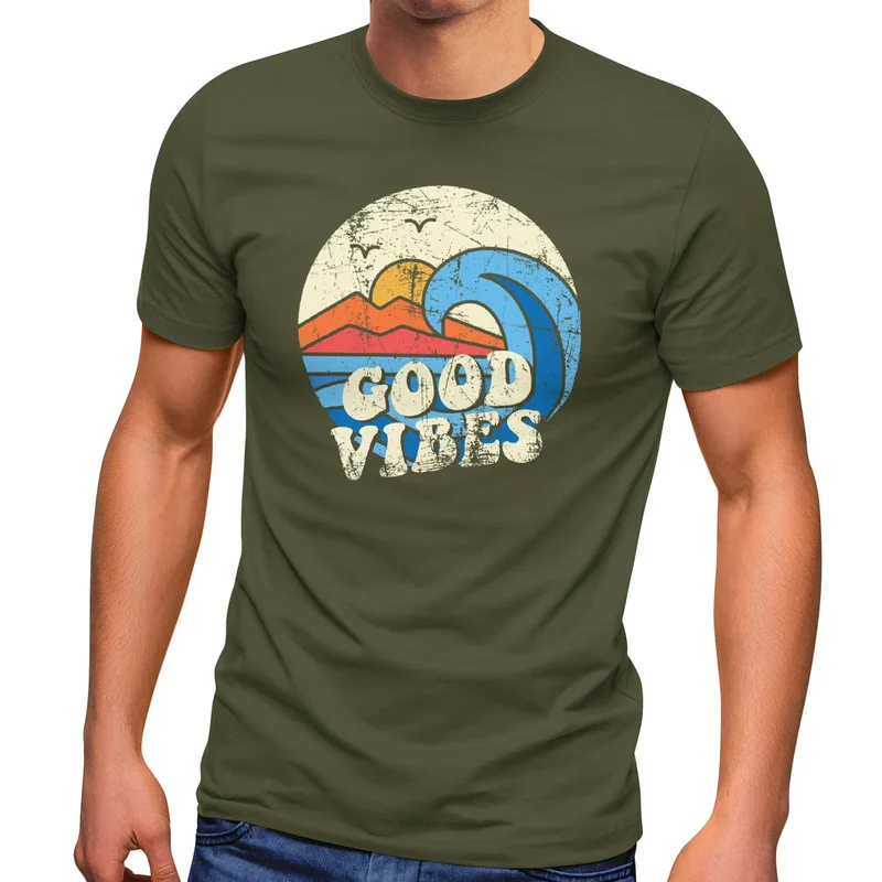 Herren T-Shirt Good Vibes Welle Hippie Slogan Statement Surf Design Vintage Retro Fashion Streetstyle
