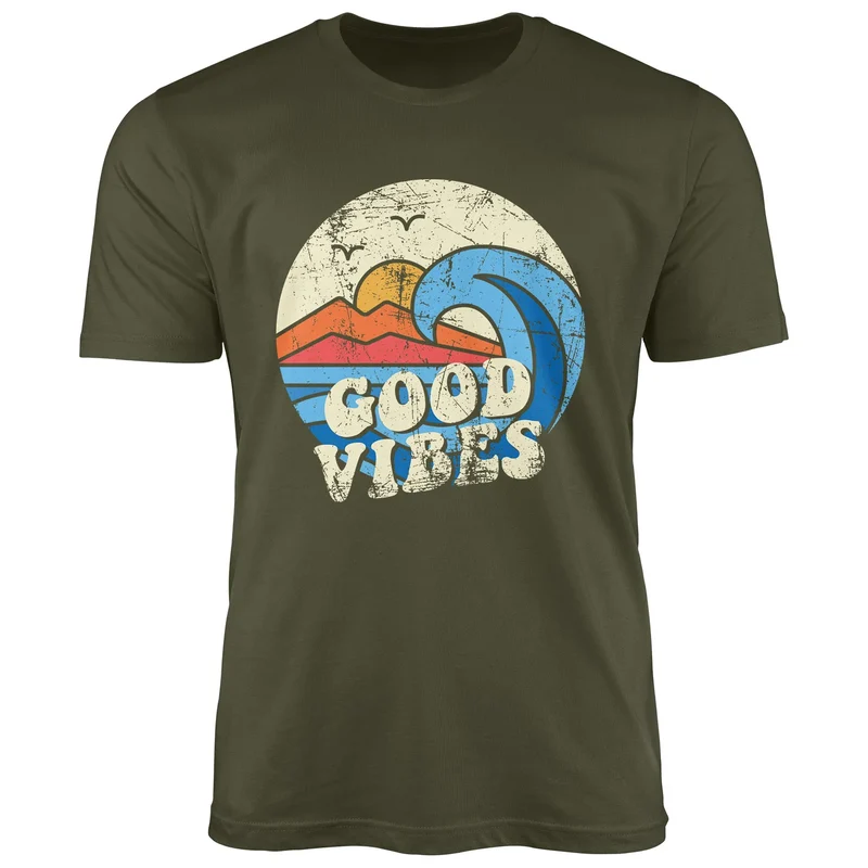 Herren T-Shirt Good Vibes Welle Hippie Slogan Statement Surf Design Vintage Retro Fashion Streetstyle