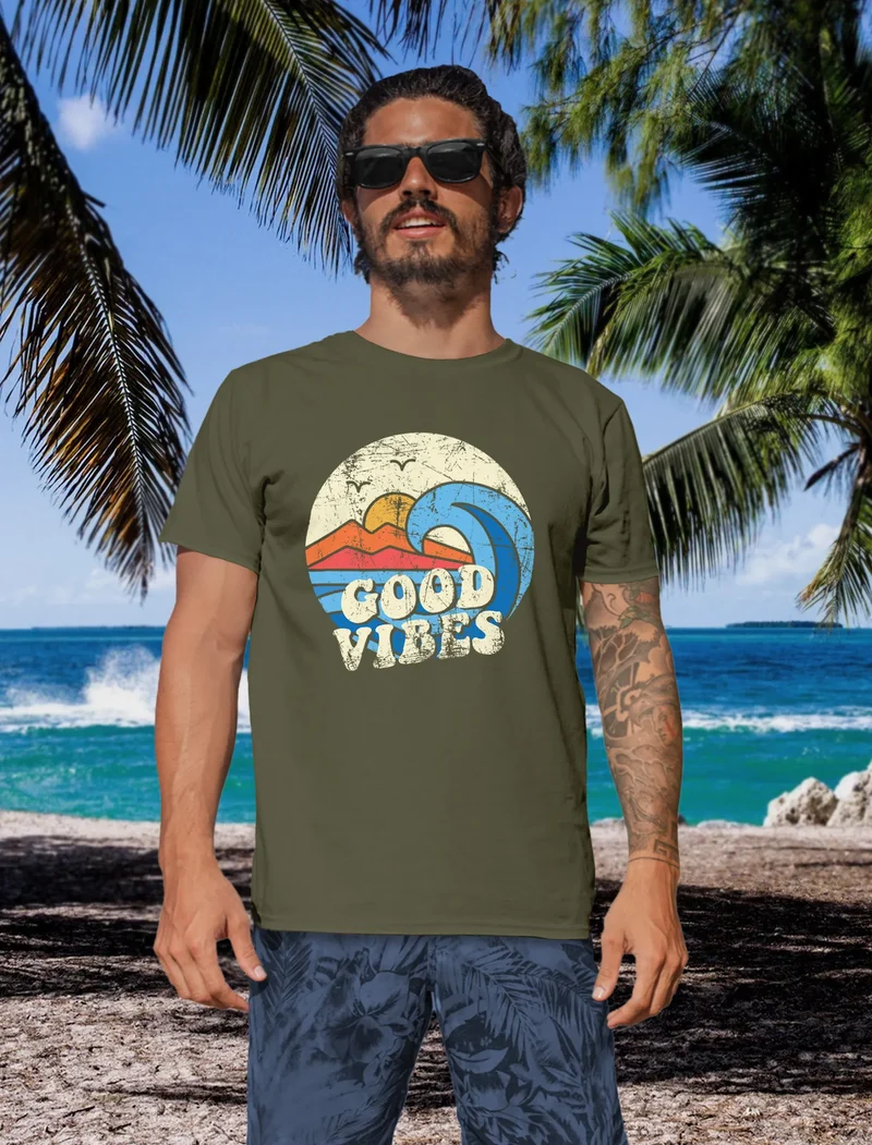 Herren T-Shirt Good Vibes Welle Hippie Slogan Statement Surf Design Vintage Retro Fashion Streetstyle