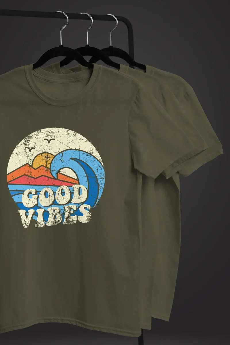 Herren T-Shirt Good Vibes Welle Hippie Slogan Statement Surf Design Vintage Retro Fashion Streetstyle