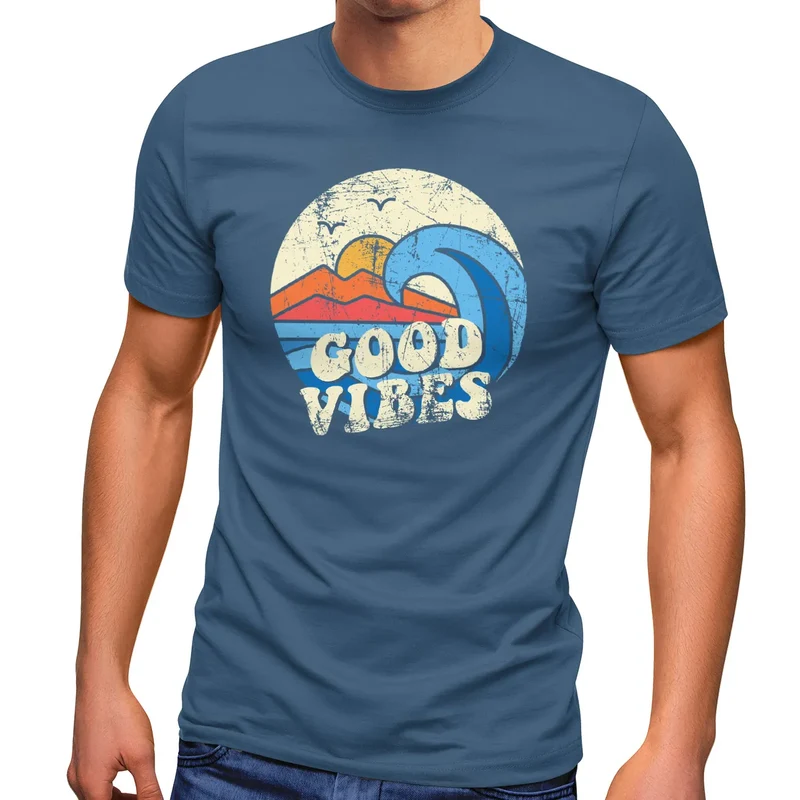 Herren T-Shirt Good Vibes Welle Hippie Slogan Statement Surf Design Vintage Retro Fashion Streetstyle