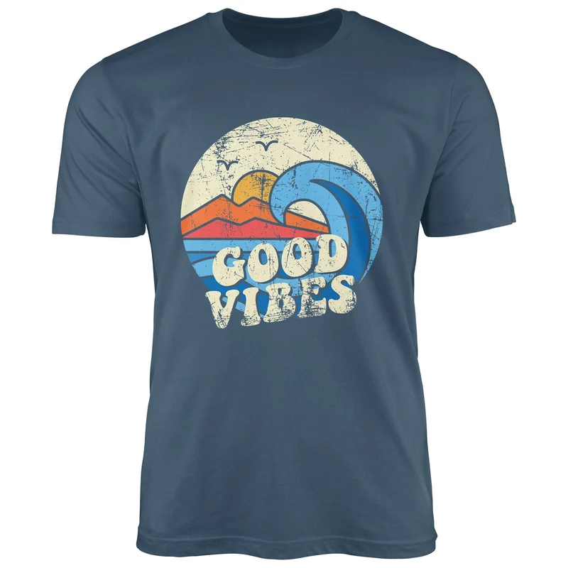 Herren T-Shirt Good Vibes Welle Hippie Slogan Statement Surf Design Vintage Retro Fashion Streetstyle