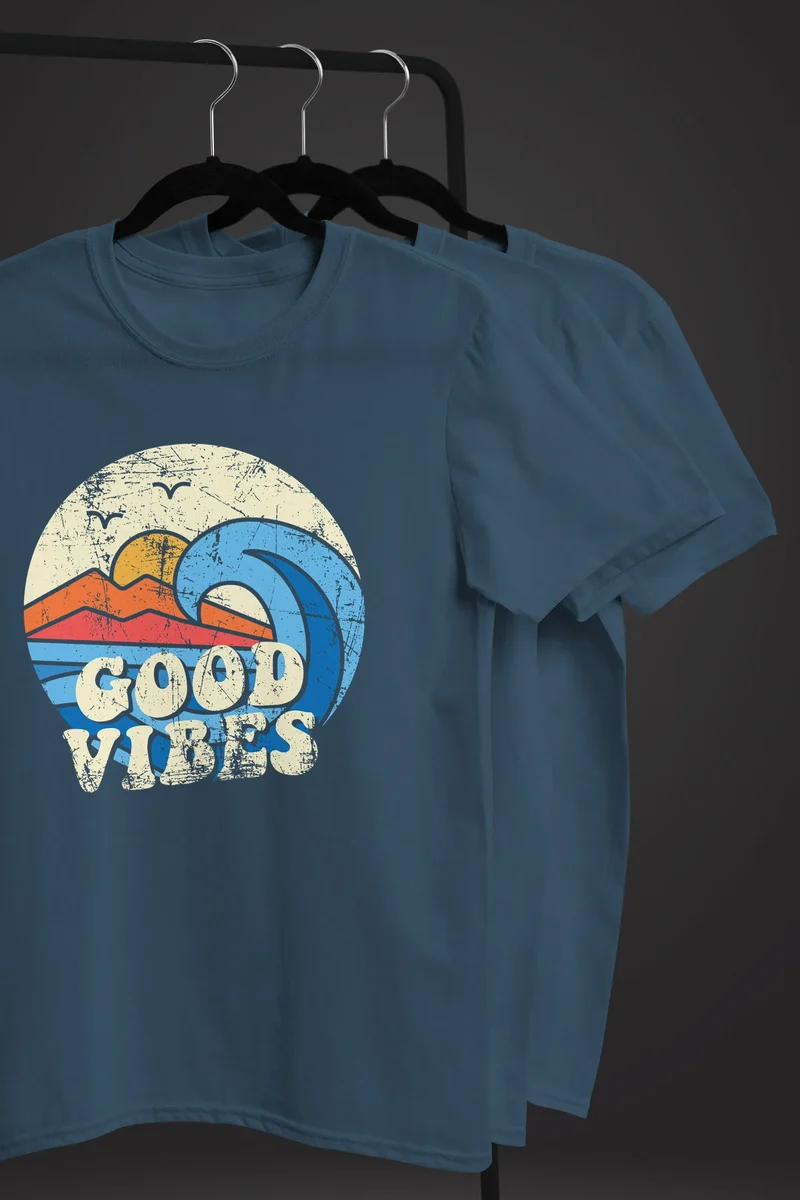 Herren T-Shirt Good Vibes Welle Hippie Slogan Statement Surf Design Vintage Retro Fashion Streetstyle