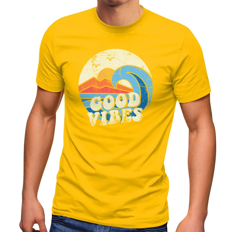 Herren T-Shirt Good Vibes Welle Hippie Slogan Statement Surf Design Vintage Retro Fashion Streetstyle