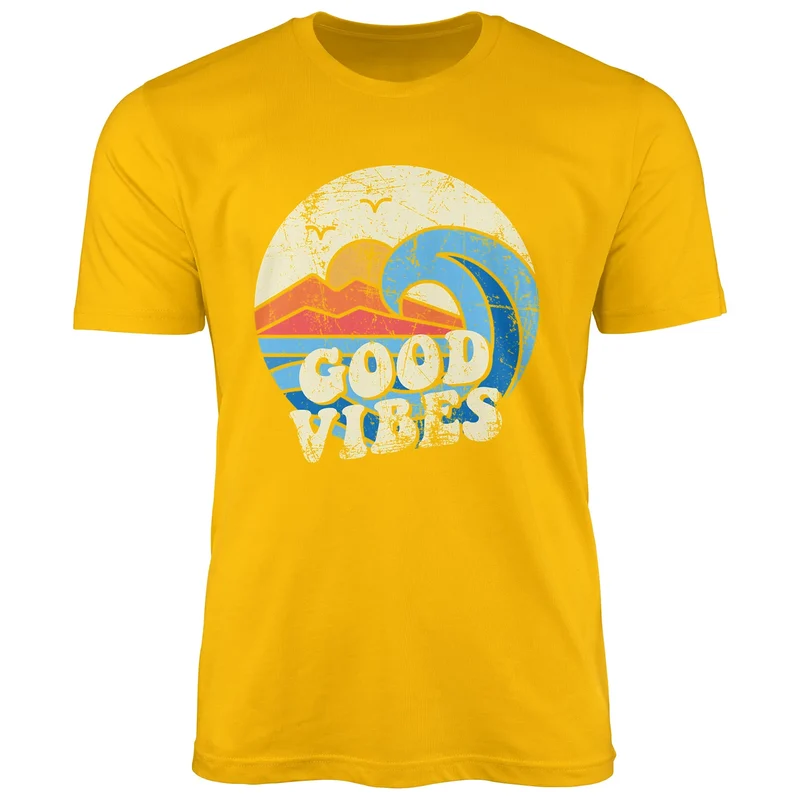 Herren T-Shirt Good Vibes Welle Hippie Slogan Statement Surf Design Vintage Retro Fashion Streetstyle