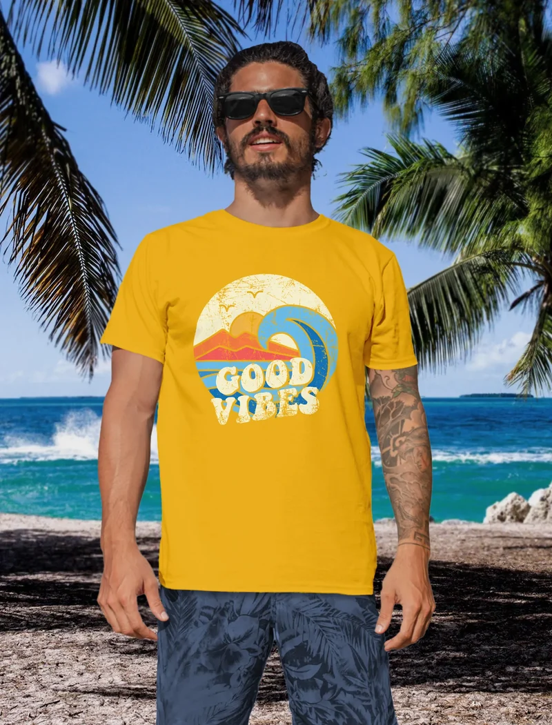 Herren T-Shirt Good Vibes Welle Hippie Slogan Statement Surf Design Vintage Retro Fashion Streetstyle