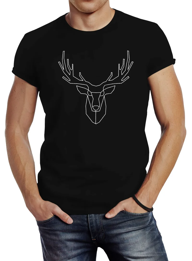 Herren T-Shirt Hirsch Polygon Geweih Geometrisch Formen Slim Fit
