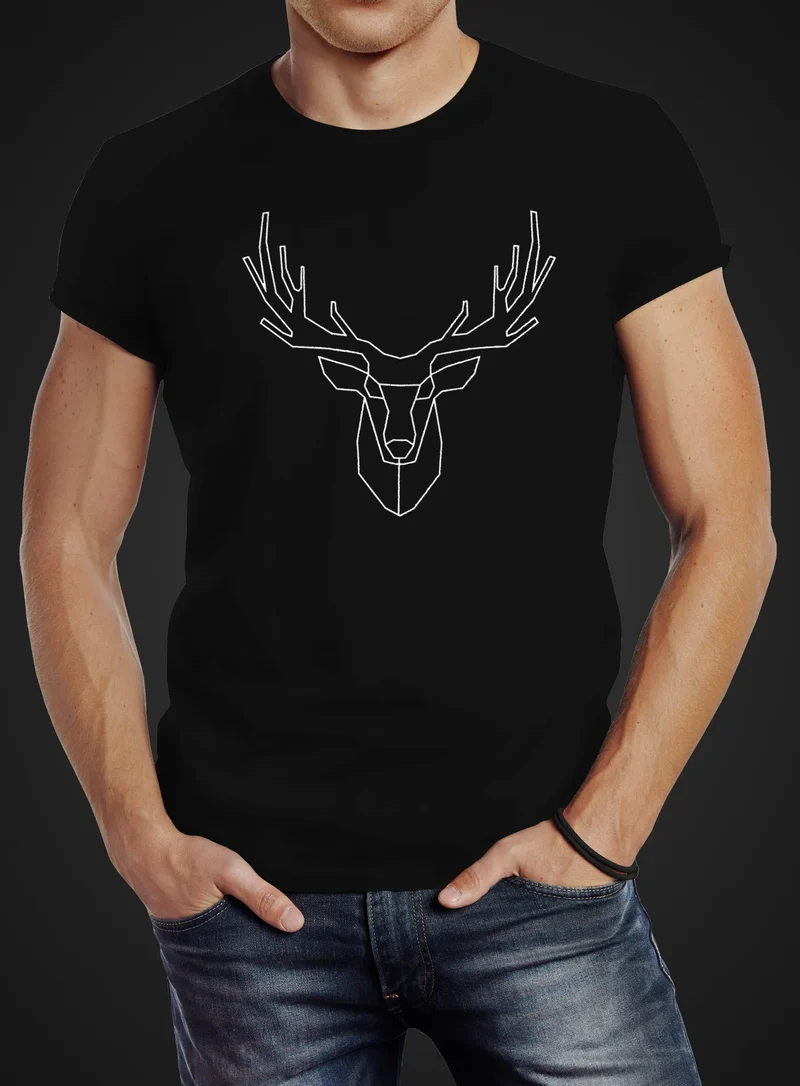 Herren T-Shirt Hirsch Polygon Geweih Geometrisch Formen Slim Fit