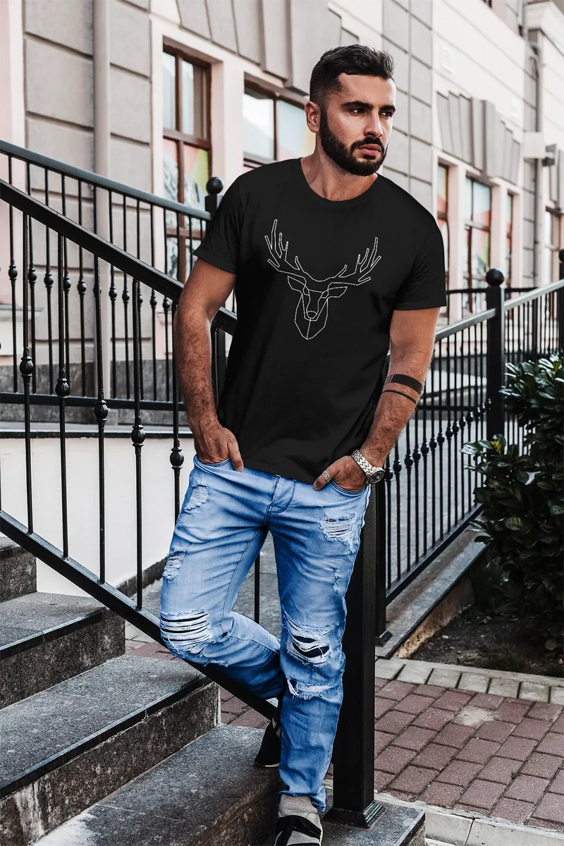 Herren T-Shirt Hirsch Polygon Geweih Geometrisch Formen Slim Fit