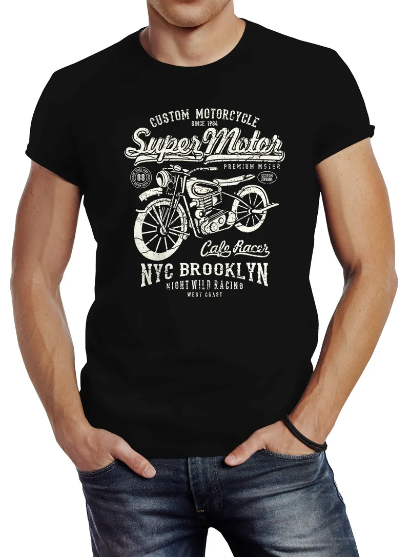 Herren T-Shirt Biker Shirt Motorrad Super Motor Retro Vintage Slim Fit