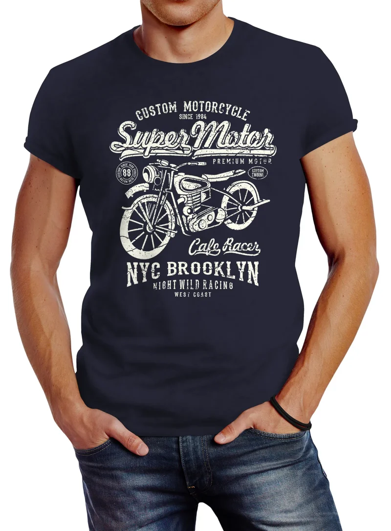 Herren T-Shirt Biker Shirt Motorrad Super Motor Retro Vintage Slim Fit