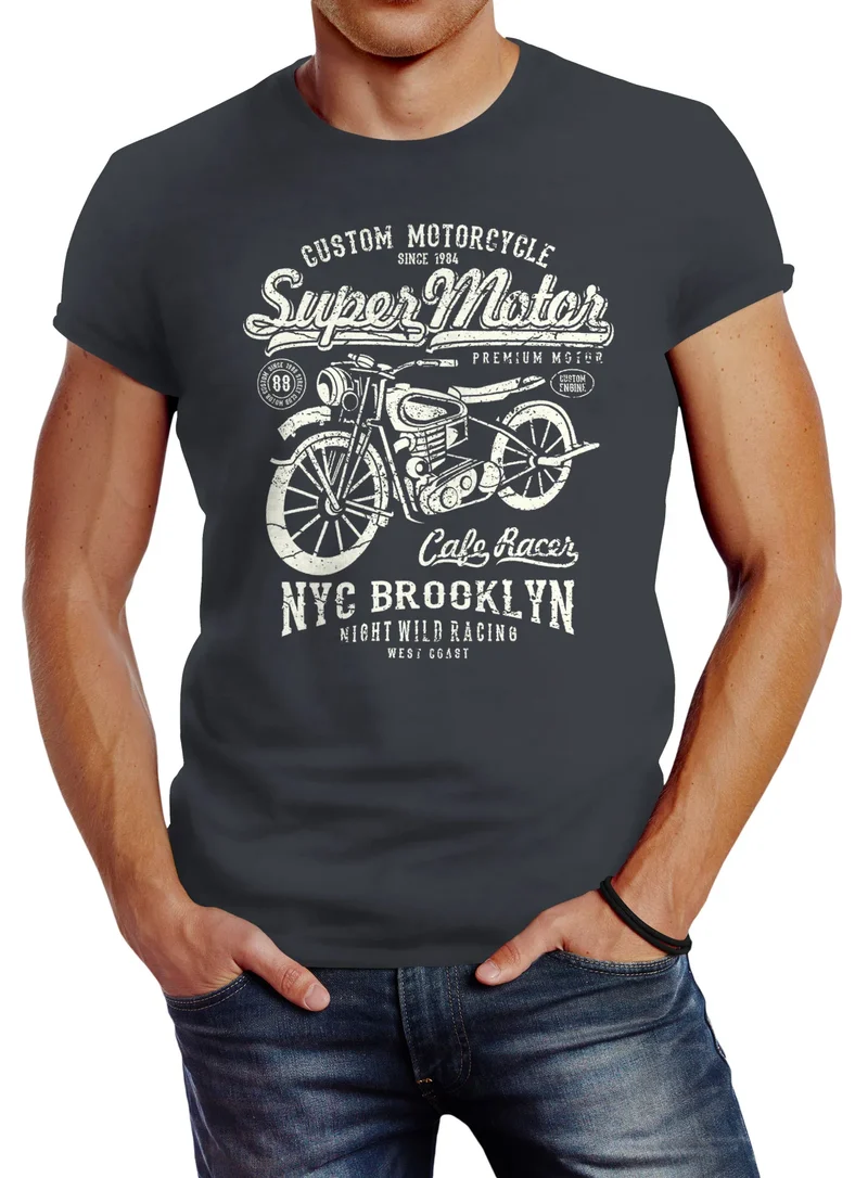 Herren T-Shirt Biker Shirt Motorrad Super Motor Retro Vintage Slim Fit