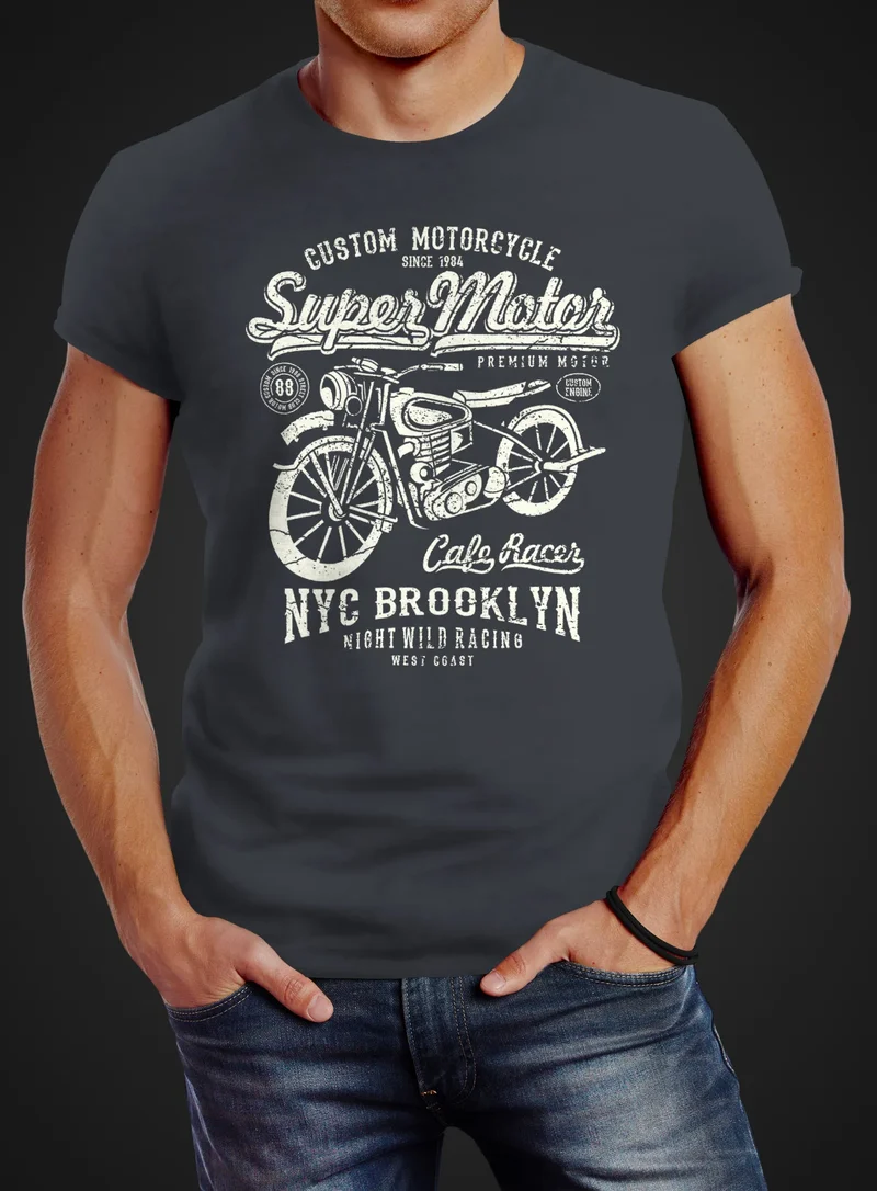 Herren T-Shirt Biker Shirt Motorrad Super Motor Retro Vintage Slim Fit