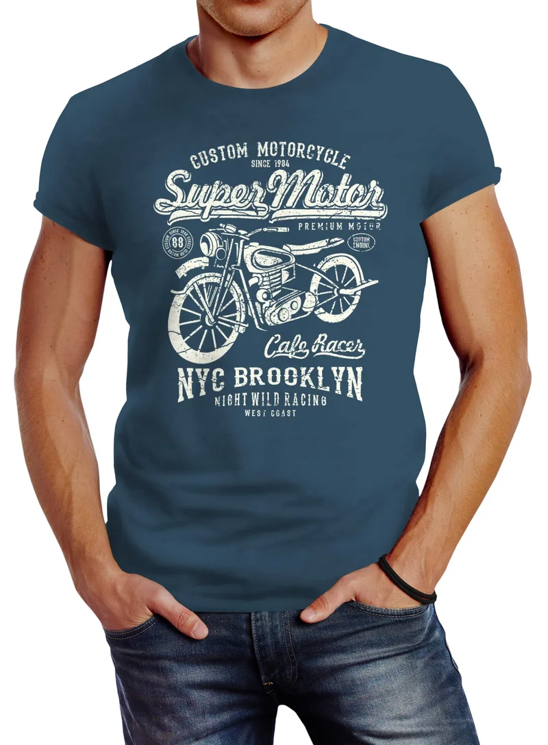 Herren T-Shirt Biker Shirt Motorrad Super Motor Retro Vintage Slim Fit