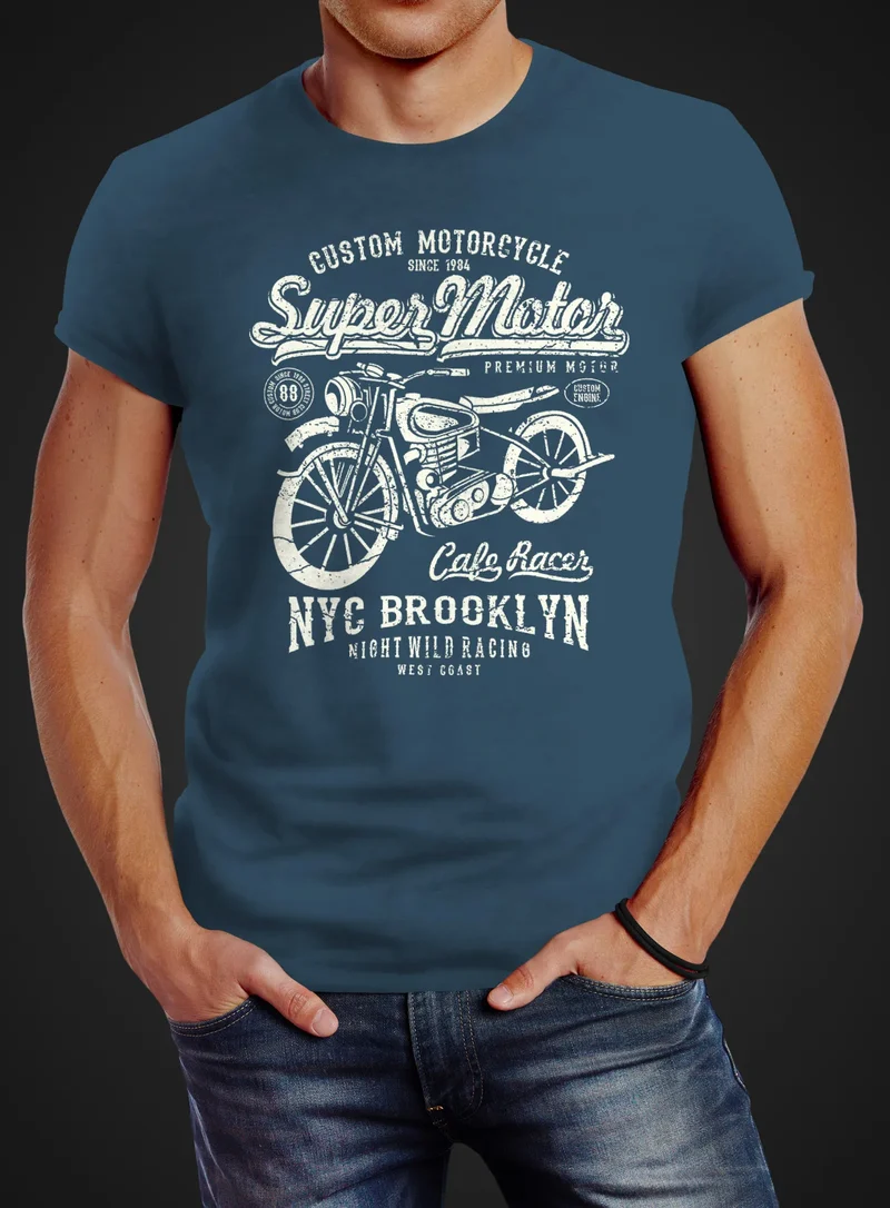 Herren T-Shirt Biker Shirt Motorrad Super Motor Retro Vintage Slim Fit