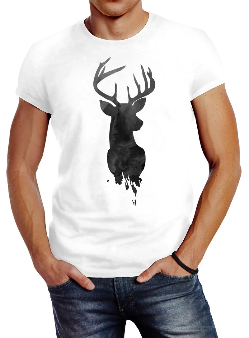 Herren T-Shirt Hirsch Geweih Kopf Deer Watercolor Polygon Tier Slim Fit
