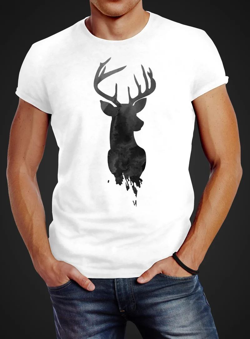 Herren T-Shirt Hirsch Geweih Kopf Deer Watercolor Polygon Tier Slim Fit