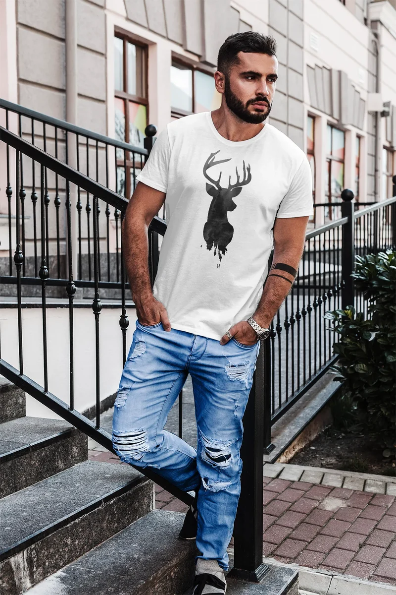 Herren T-Shirt Hirsch Geweih Kopf Deer Watercolor Polygon Tier Slim Fit