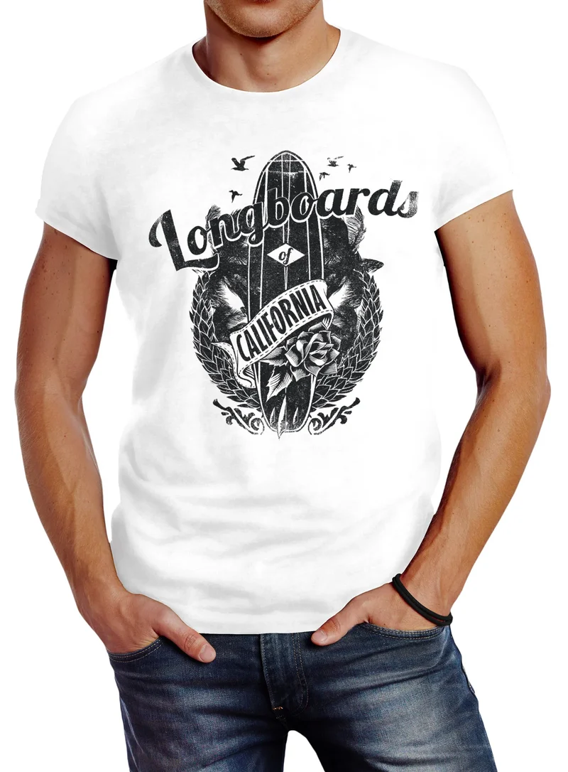 Herren T-Shirt California Longboards Surfing Surfboard Slim Fit