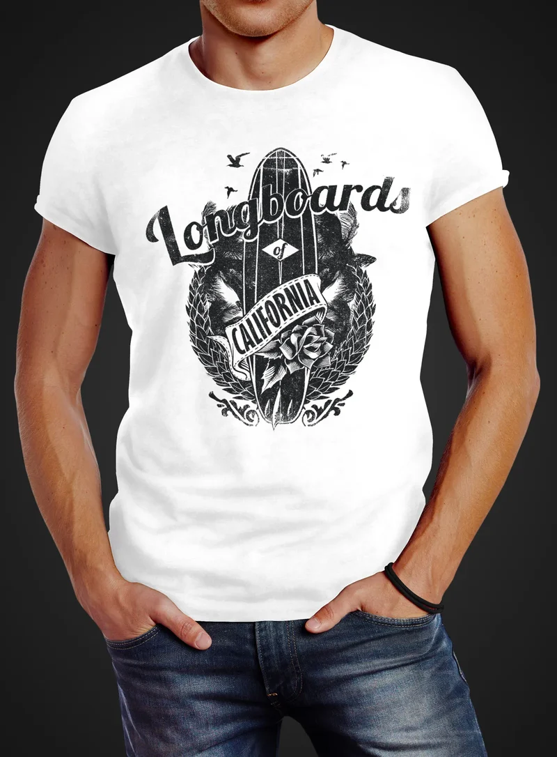 Herren T-Shirt California Longboards Surfing Surfboard Slim Fit