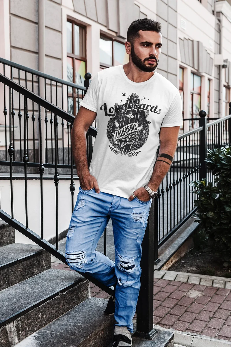 Herren T-Shirt California Longboards Surfing Surfboard Slim Fit
