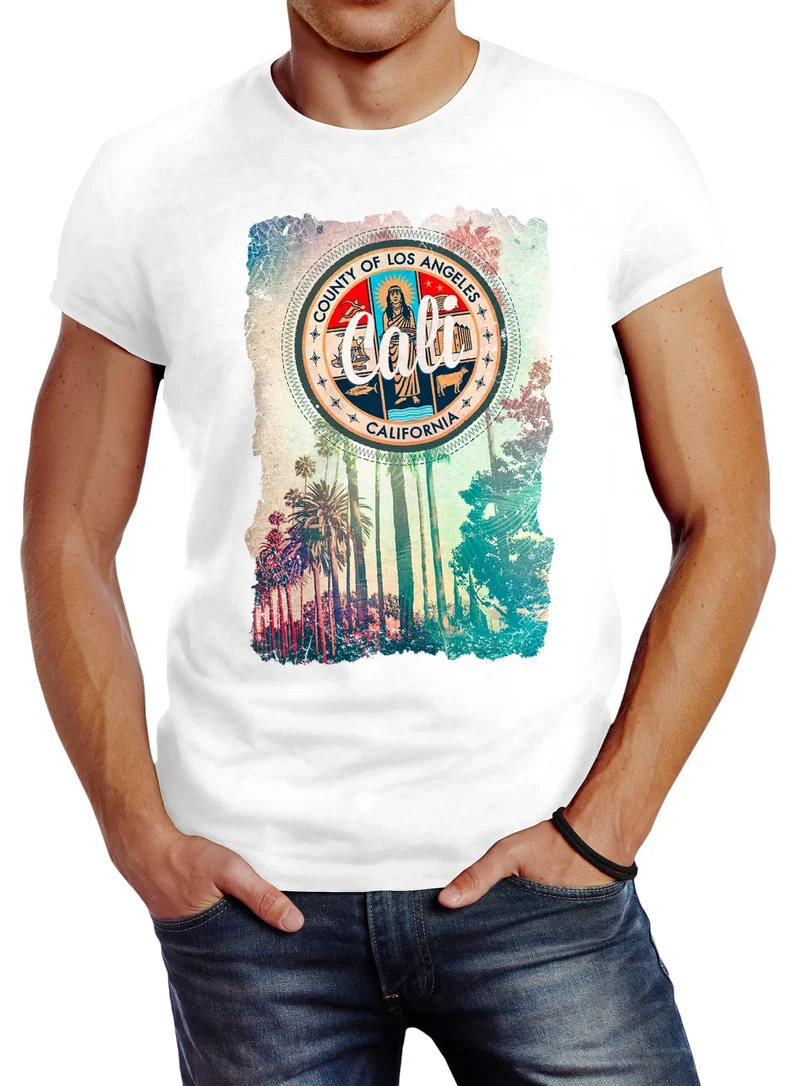 Herren T-Shirt California Beach Sunset Palmen Retro Slim Fit