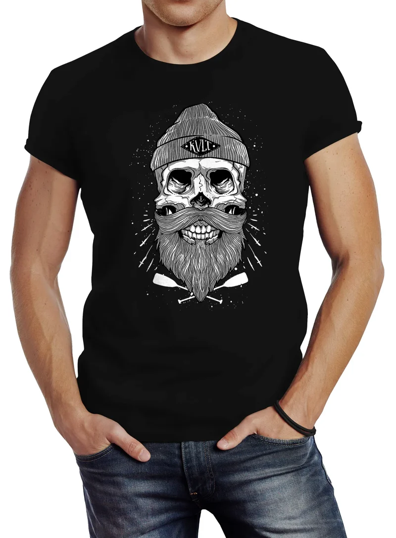 Herren T-Shirt Captain Skull Beard Totenkopf Bart Kapitän Slim Fit