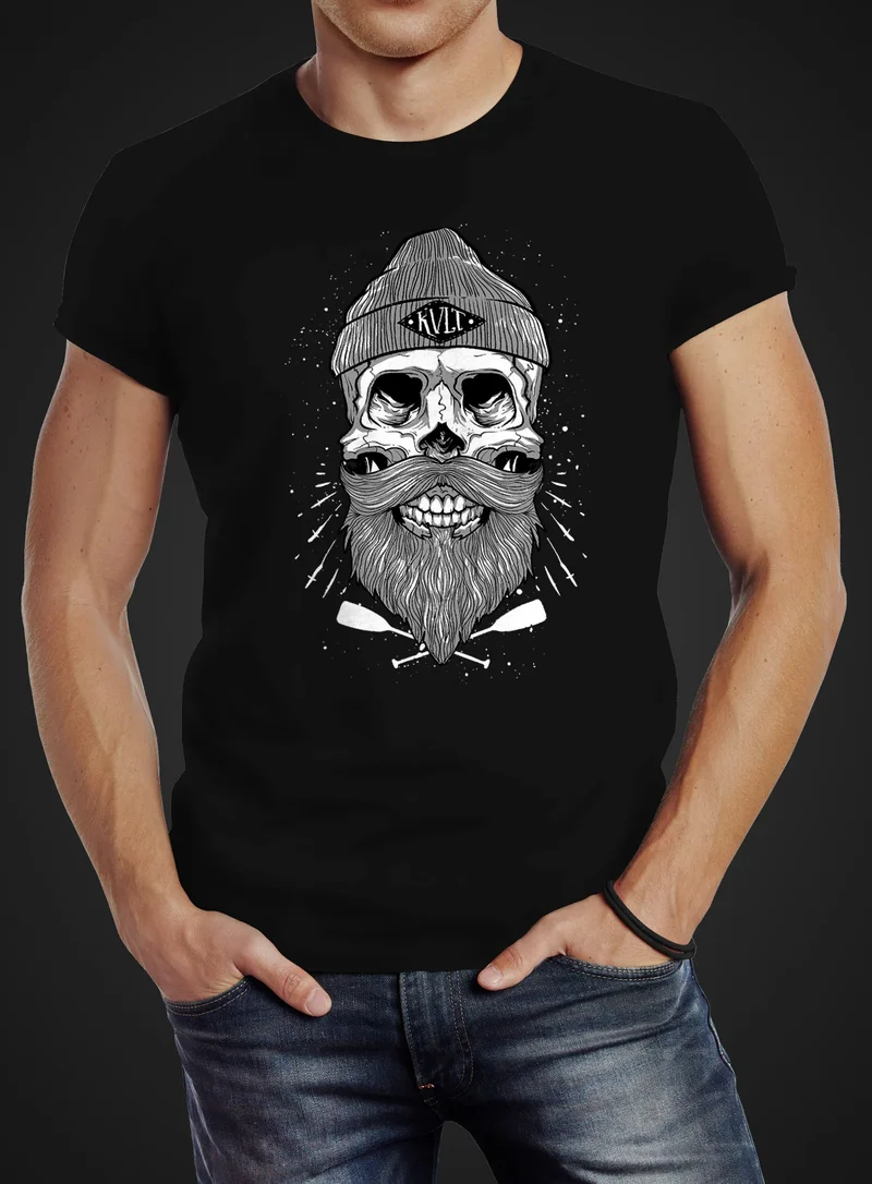 Herren T-Shirt Captain Skull Beard Totenkopf Bart Kapitän Slim Fit