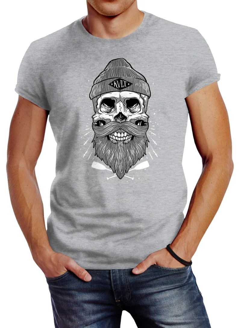 Herren T-Shirt Captain Skull Beard Totenkopf Bart Kapitän Slim Fit