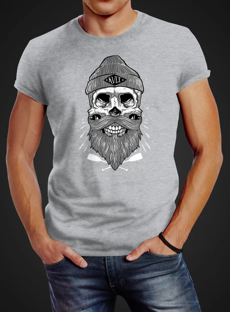 Herren T-Shirt Captain Skull Beard Totenkopf Bart Kapitän Slim Fit