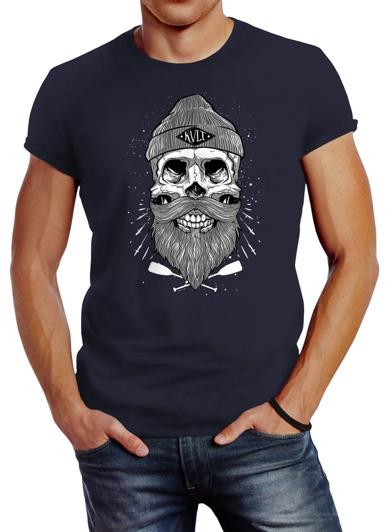 Herren T-Shirt Captain Skull Beard Totenkopf Bart Kapitän Slim Fit