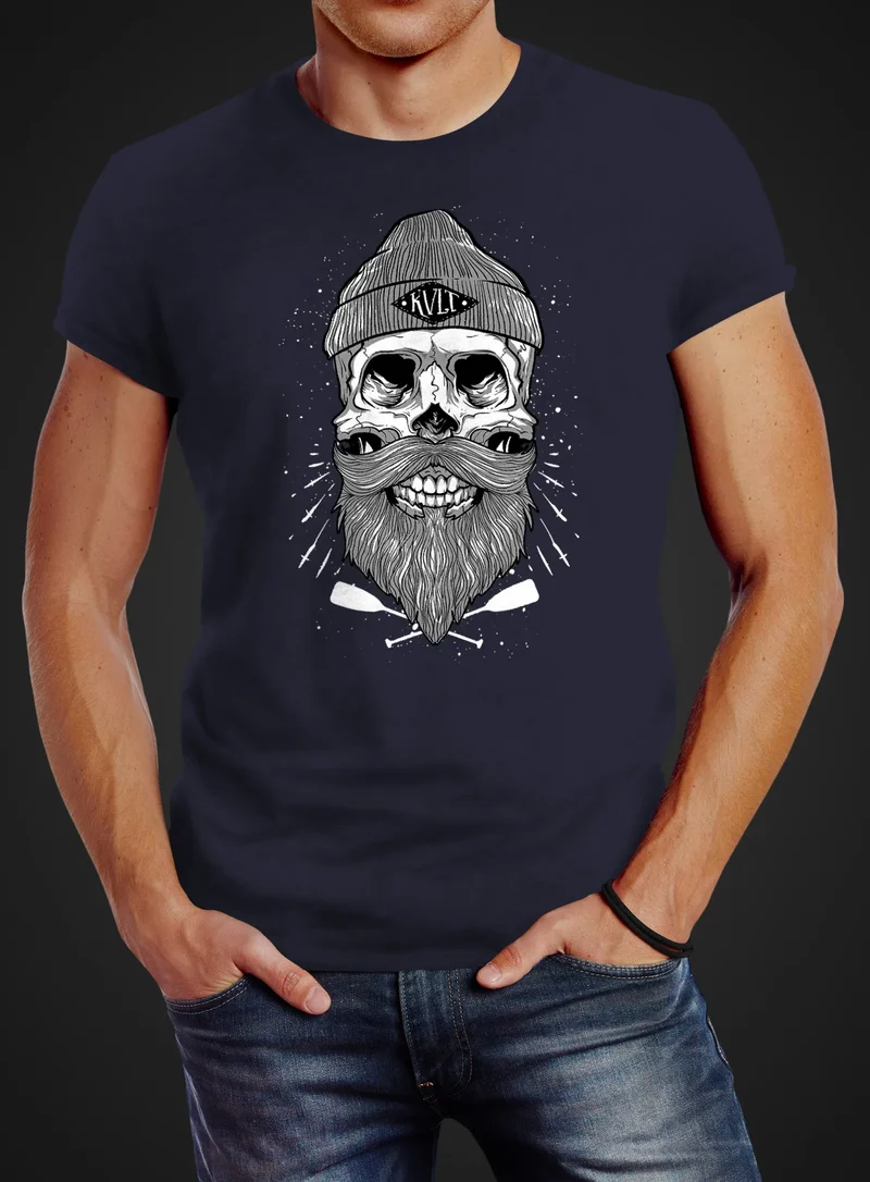 Herren T-Shirt Captain Skull Beard Totenkopf Bart Kapitän Slim Fit