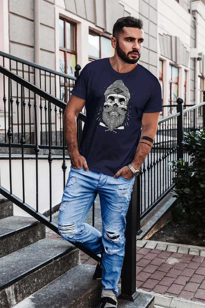 Herren T-Shirt Captain Skull Beard Totenkopf Bart Kapitän Slim Fit