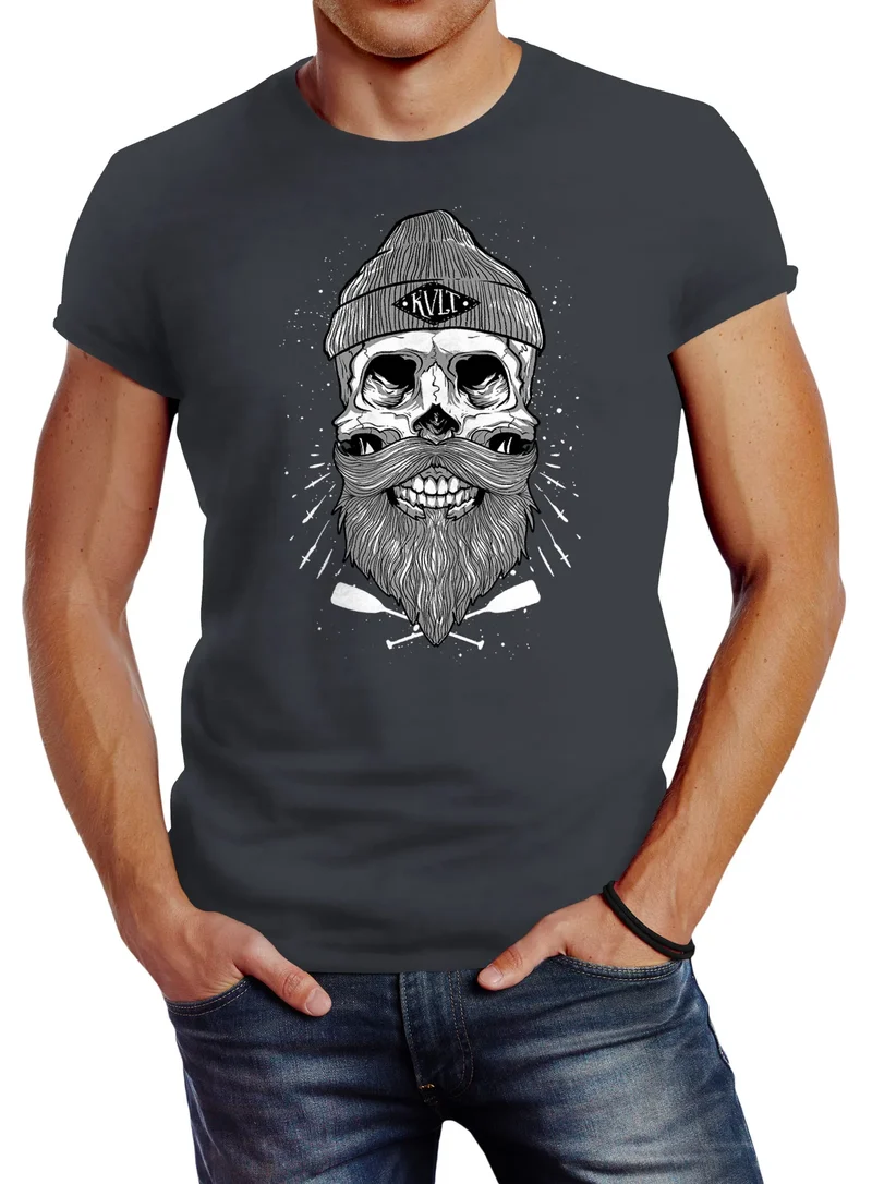 Herren T-Shirt Captain Skull Beard Totenkopf Bart Kapitän Slim Fit