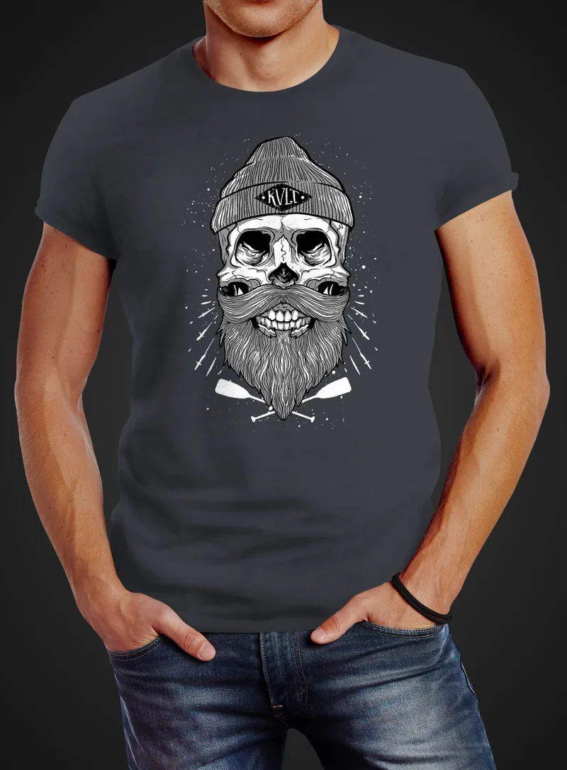 Herren T-Shirt Captain Skull Beard Totenkopf Bart Kapitän Slim Fit