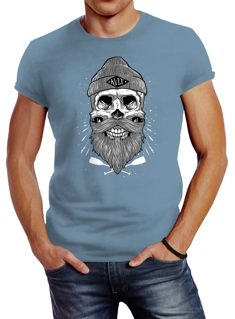 Herren T-Shirt Captain Skull Beard Totenkopf Bart Kapitän Slim Fit
