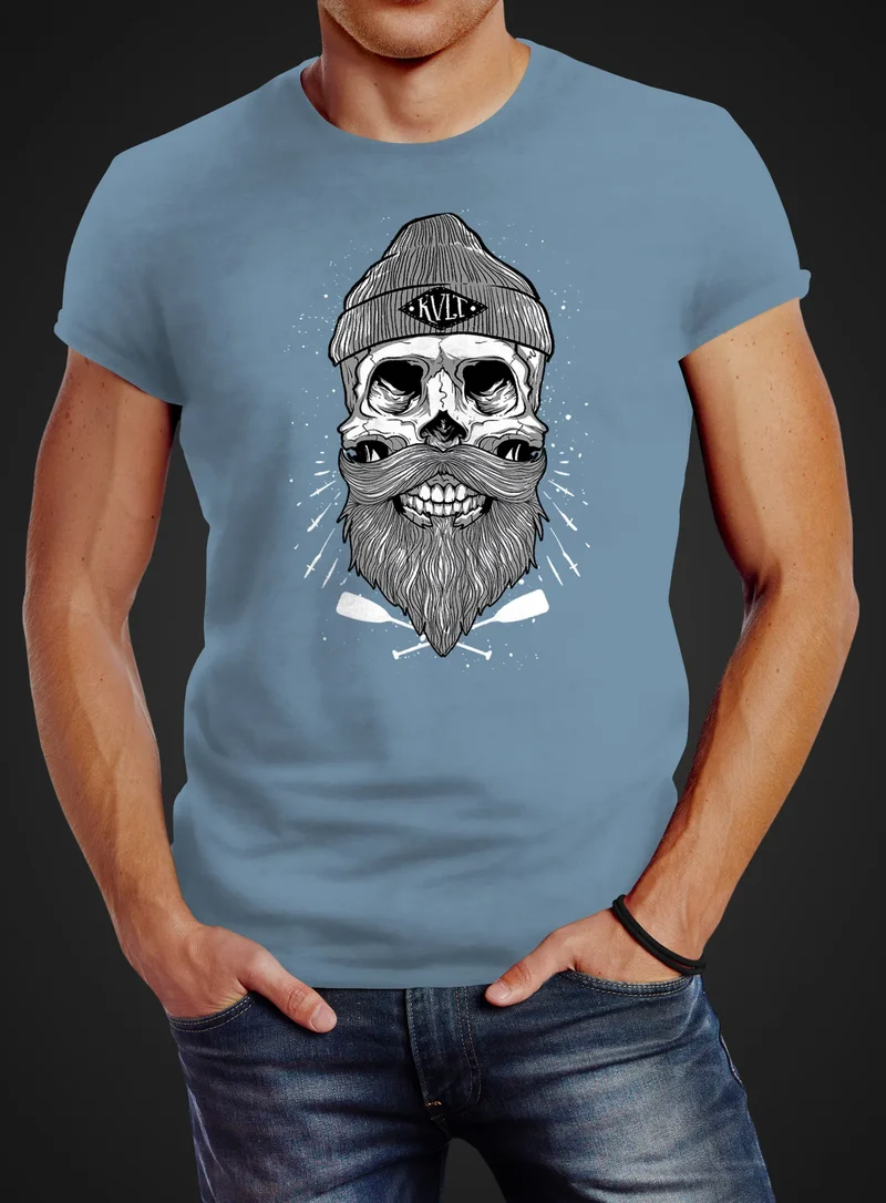 Herren T-Shirt Captain Skull Beard Totenkopf Bart Kapitän Slim Fit